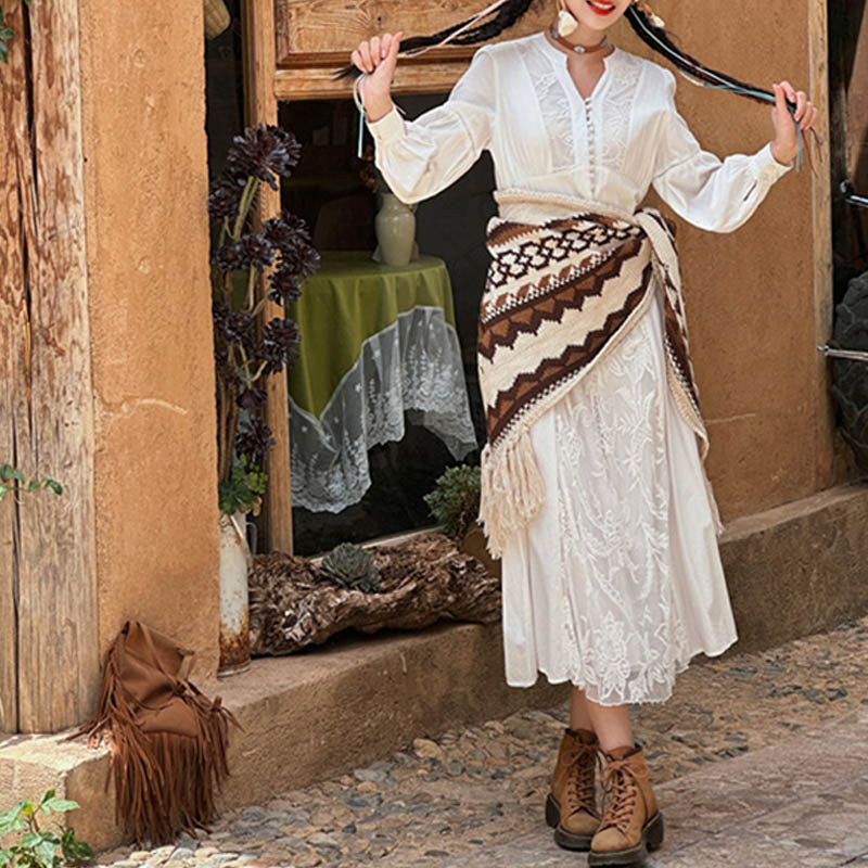 Buddha Stones Tibetano Rayas Marrón Beige Borla Mantón Invierno Acogedor Viaje Bufanda Envoltura - image 7