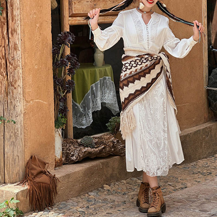Buddha Stones Tibetano Rayas Marrón Beige Borla Mantón Invierno Acogedor Viaje Bufanda Envoltura - image 7