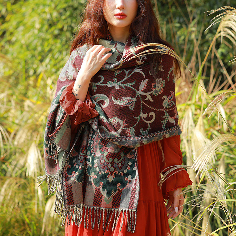 Buddha Stones flores tibetanas hojas rama diseño borla chal acogedor viaje bufanda abrigo - Rojo oscuro - image 0