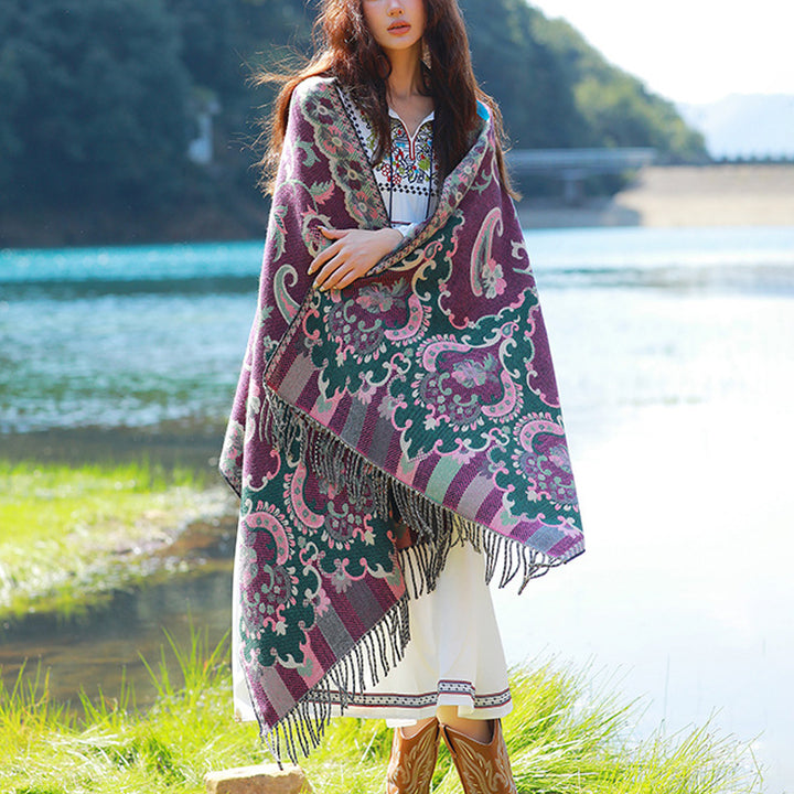 Buddha Stones flores tibetanas hojas rama diseño borla chal acogedor viaje bufanda abrigo - Púrpura - image 10