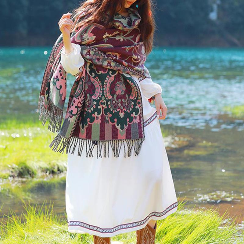 Buddha Stones flores tibetanas hojas rama diseño borla chal acogedor viaje bufanda abrigo - image 19