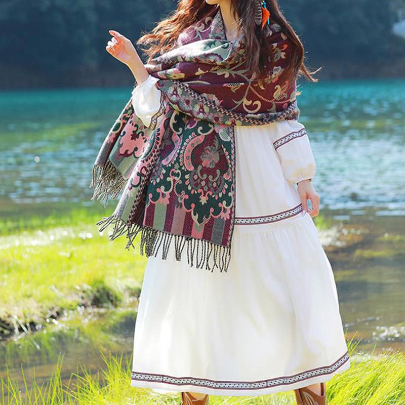 Buddha Stones flores tibetanas hojas rama diseño borla chal acogedor viaje bufanda abrigo - image 20