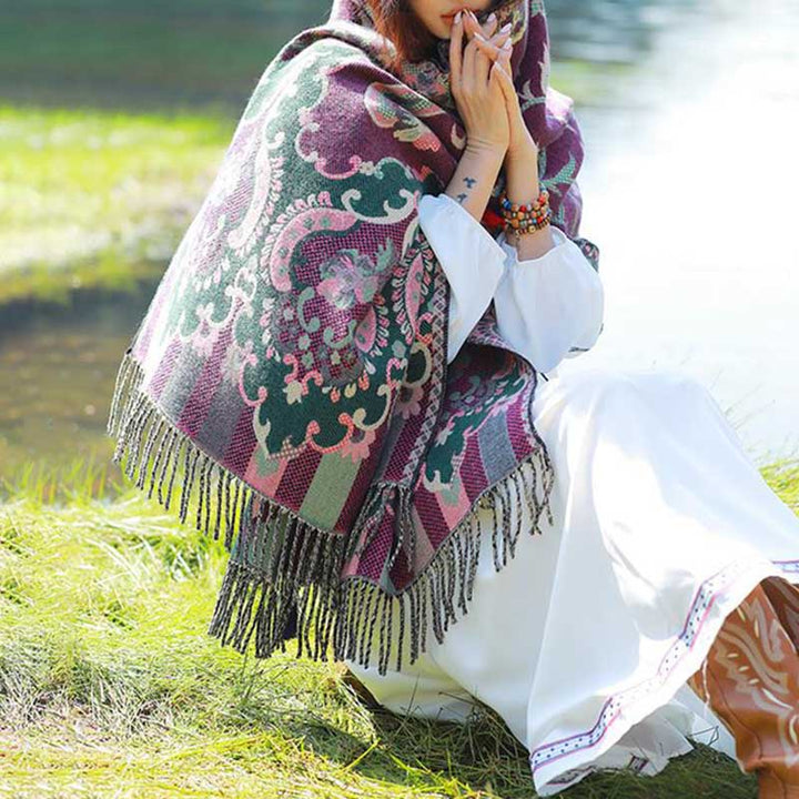 Buddha Stones flores tibetanas hojas rama diseño borla chal acogedor viaje bufanda abrigo - image 18