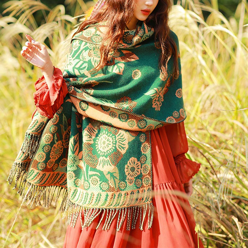 Bufanda de viaje acogedora con diseño de hojas florales y flores tibetanas de Buddha Stones - image 21