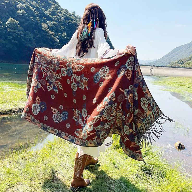 Bufanda de viaje acogedora con diseño de hojas florales y flores tibetanas de Buddha Stones - image 30