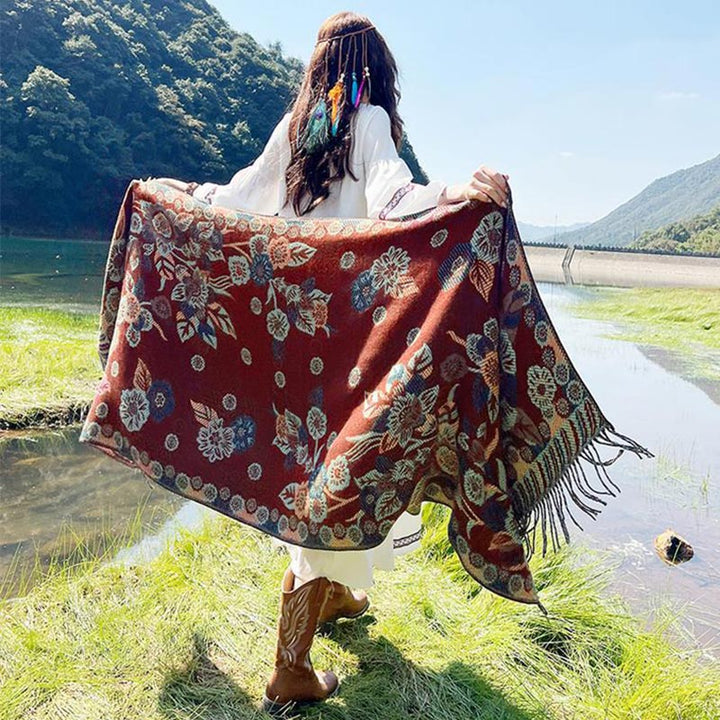 Bufanda de viaje acogedora con diseño de hojas florales y flores tibetanas de Buddha Stones - image 30