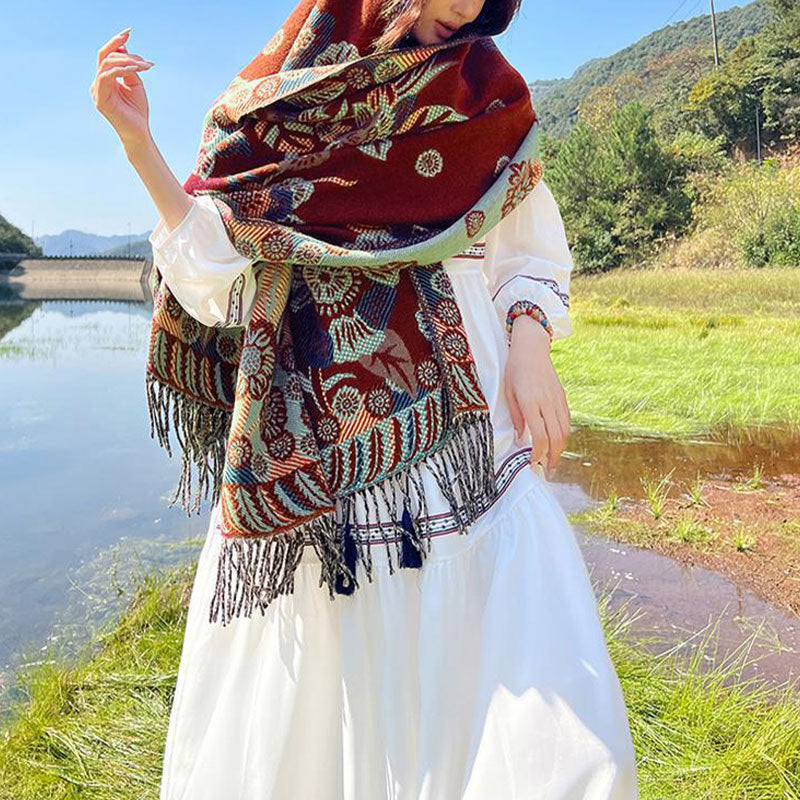 Bufanda de viaje acogedora con diseño de hojas florales y flores tibetanas de Buddha Stones - image 32