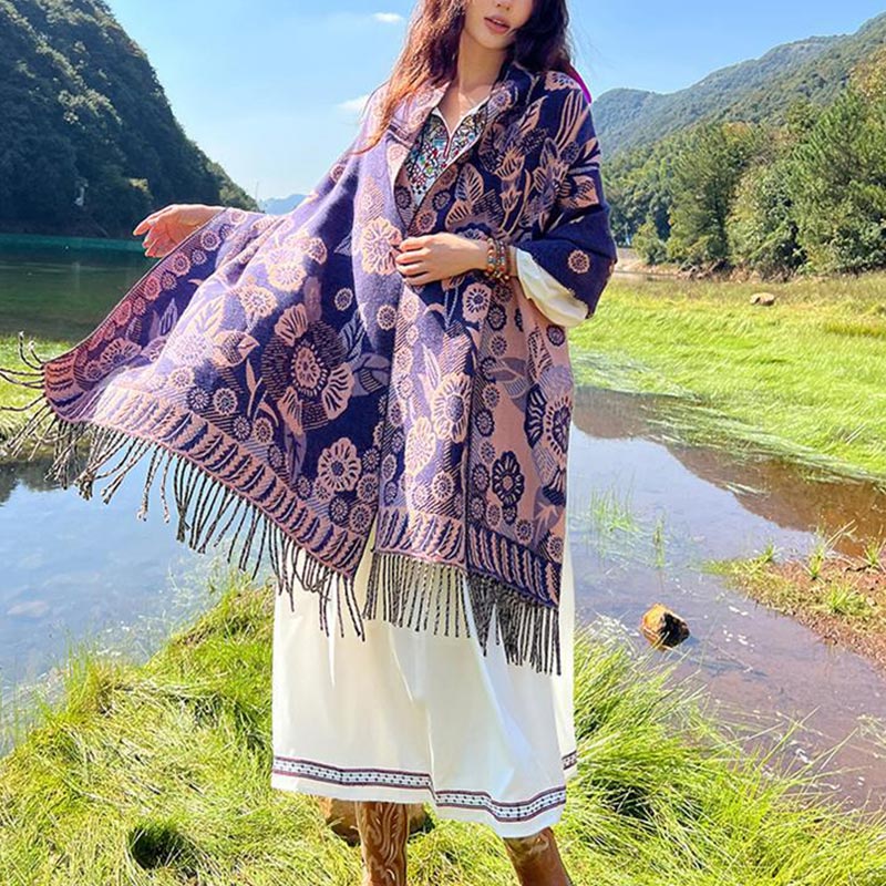 Bufanda de viaje acogedora con diseño de hojas florales y flores tibetanas de Buddha Stones - image 36