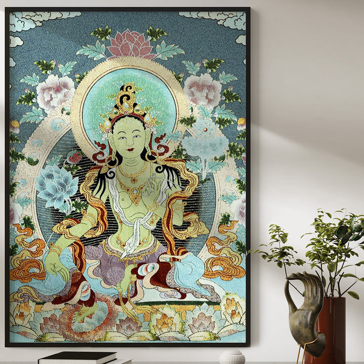 Tapiz de Thangka de Tara Blanca con bordado tibetano de Buddha Stones, arte de pared para colgar en la pared, meditación para decoración del hogar