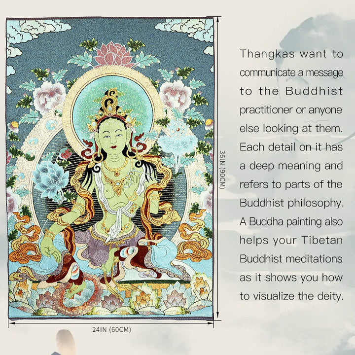 Tapiz de Thangka de Tara Blanca con bordado tibetano de Buddha Stones, arte de pared para colgar en la pared, meditación para decoración del hogar