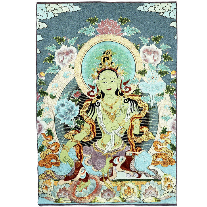 Tapiz de Thangka de Tara Blanca con bordado tibetano de Buddha Stones, arte de pared para colgar en la pared, meditación para decoración del hogar