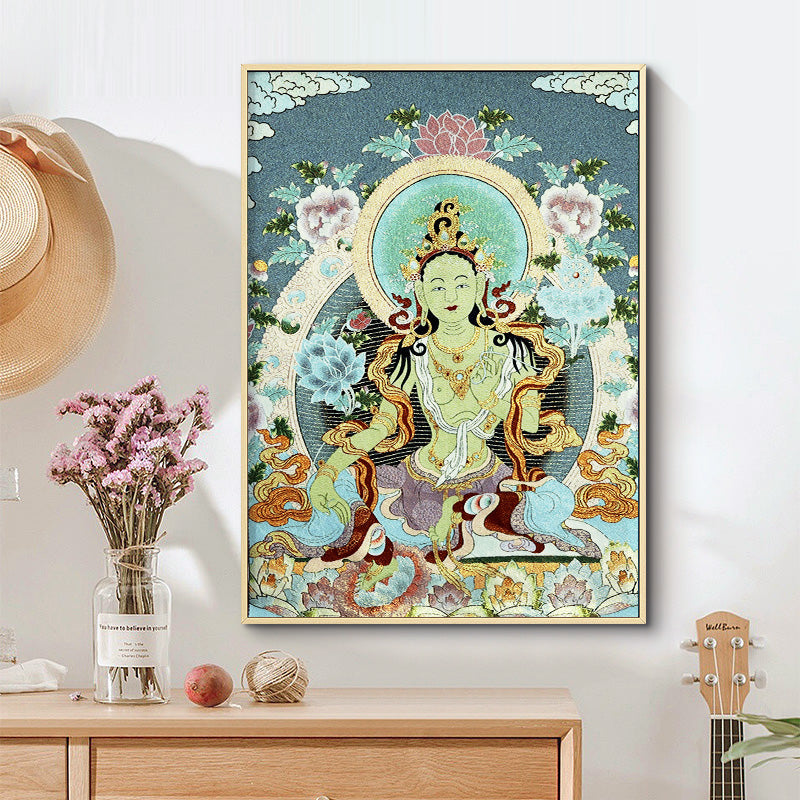 Tapiz de Thangka de Tara Blanca con bordado tibetano de Buddha Stones, arte de pared para colgar en la pared, meditación para decoración del hogar
