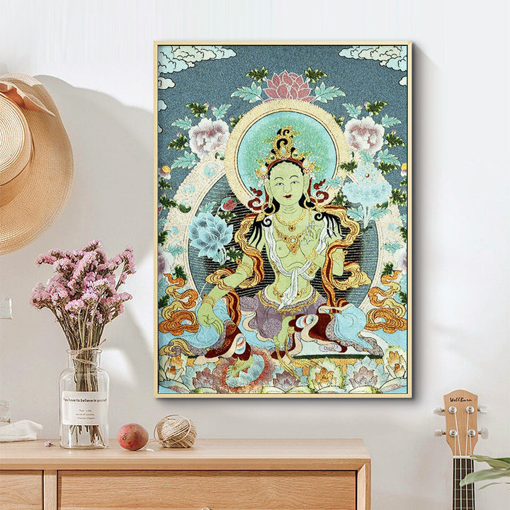 Tapiz de Thangka de Tara Blanca con bordado tibetano de Buddha Stones, arte de pared para colgar en la pared, meditación para decoración del hogar