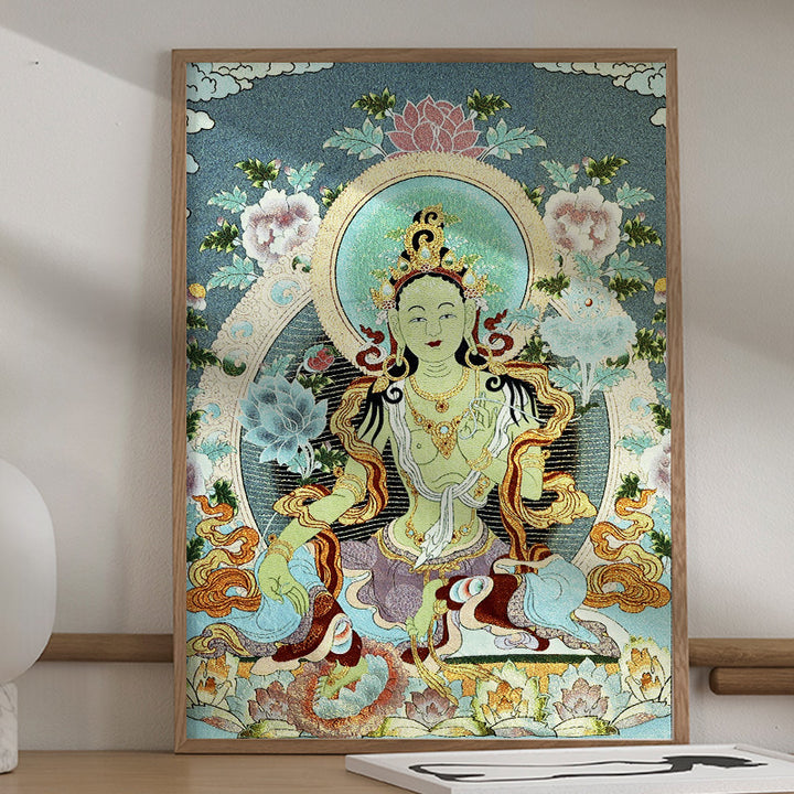 Tapiz de Thangka de Tara Blanca con bordado tibetano de Buddha Stones, arte de pared para colgar en la pared, meditación para decoración del hogar