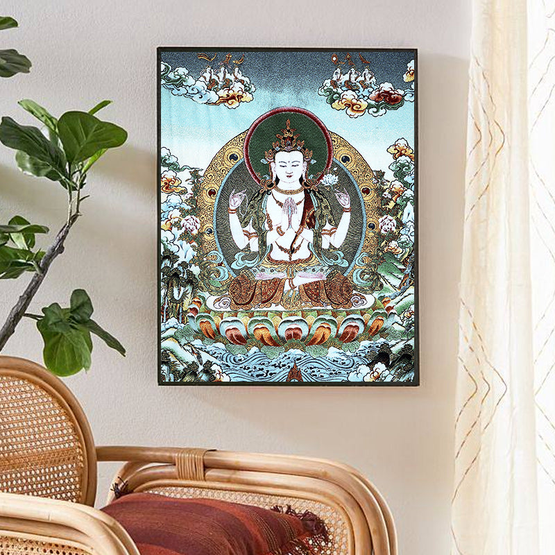 Tapiz de Thangka de Tara Blanca con bordado tibetano de Buddha Stones, arte de pared para colgar en la pared, meditación para decoración del hogar