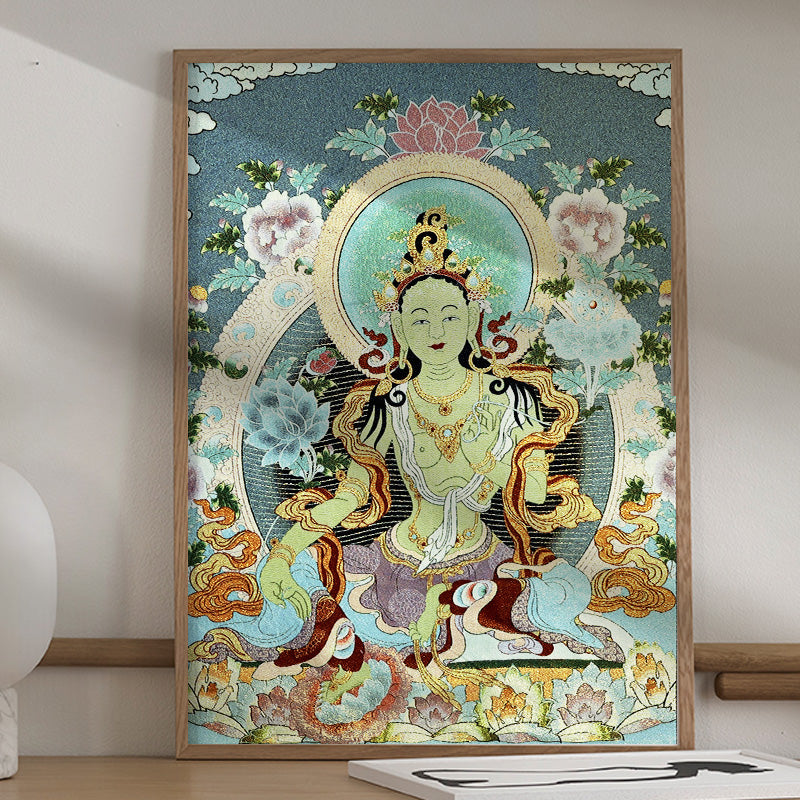 Tapiz de Thangka de Tara Blanca con bordado tibetano de Buddha Stones, arte de pared para colgar en la pared, meditación para decoración del hogar - 24 x 36 pulgadas (60 x 90 cm) - image 0