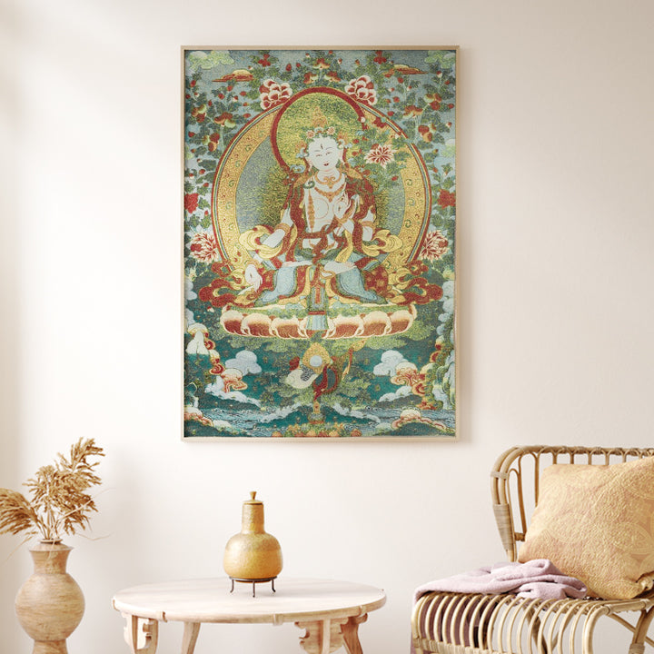 Tapiz de Thangka de Tara Blanca con bordado tibetano de Buddha Stones, arte de pared para colgar en la pared, meditación para decoración del hogar