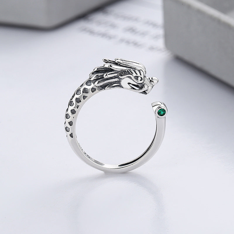 Anillo de metal ajustable con protección de la suerte del Año del Dragón de plata de ley 925 con Buddha Stones - Dragón de Plata (Ajustable) - image 0