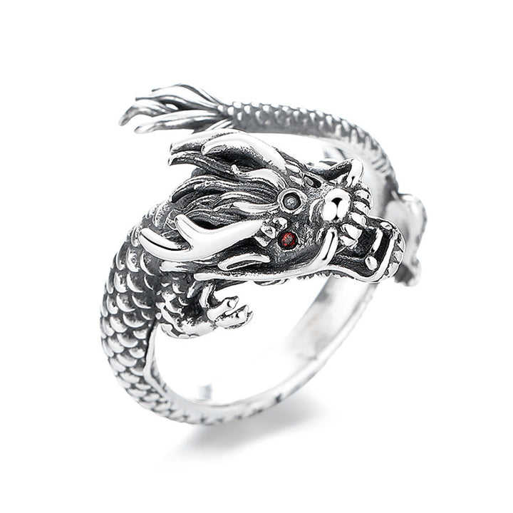 Anillo de metal de la suerte con diseño del año del dragón de plata de ley 925 vintage con Buddha Stones - Plata de ley 925 (ajustable) - image 0
