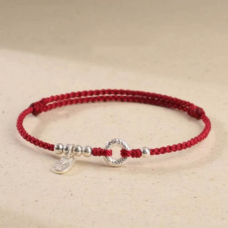 Tobillera con pulsera de sonido y seguridad con hebilla de paz y nubes propicias de Plata de Ley 925 con Buddha Stones - Rojo oscuro - Tobillera (circunferencia 16-26cm) - image 0