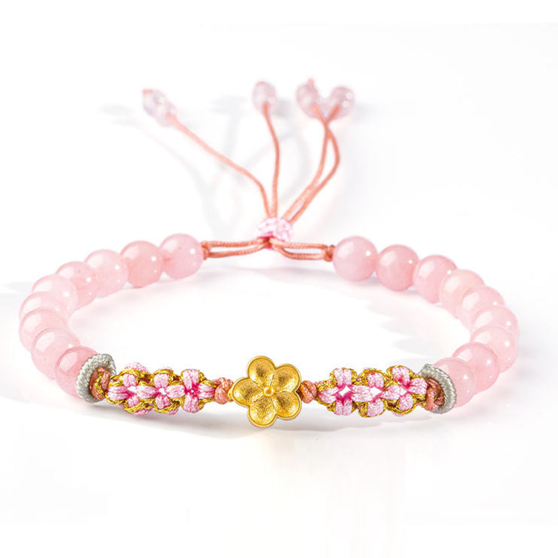 Pulsera de plata de ley 999 con Buddha Stones , ágata roja natural, cristal rosa, flor de cerezo - Cristal rosa (calma y suavidad) (circunferencia de la muñeca: 14-19 cm) - image 2