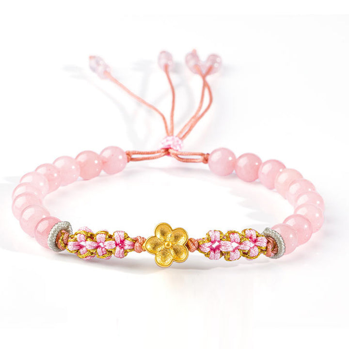 Pulsera de plata de ley 999 con Buddha Stones , ágata roja natural, cristal rosa, flor de cerezo - Cristal rosa (calma y suavidad) (circunferencia de la muñeca: 14-19 cm) - image 2