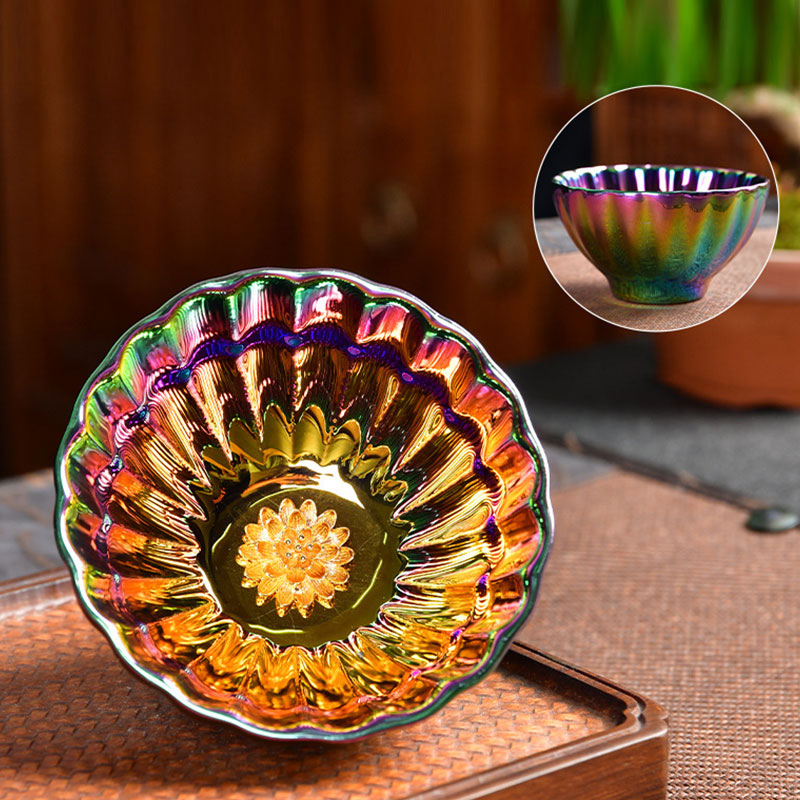 Taza de té de cerámica china Jianzhan multicolor con incrustaciones de pavo real y Buddha Stones, taza de té de kung fu