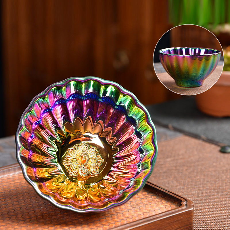 Taza de té de cerámica china Jianzhan multicolor con incrustaciones de pavo real y Buddha Stones, taza de té de kung fu