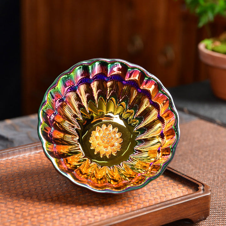 Taza de té de cerámica china Jianzhan multicolor con incrustaciones de pavo real y Buddha Stones, taza de té de kung fu