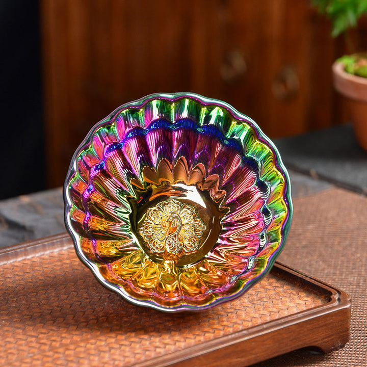 Taza de té de cerámica china Jianzhan multicolor con incrustaciones de pavo real y Buddha Stones, taza de té de kung fu