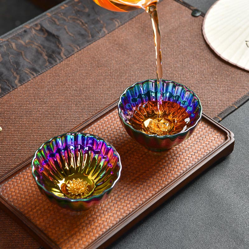 Taza de té de cerámica china Jianzhan multicolor con incrustaciones de pavo real y Buddha Stones, taza de té de kung fu