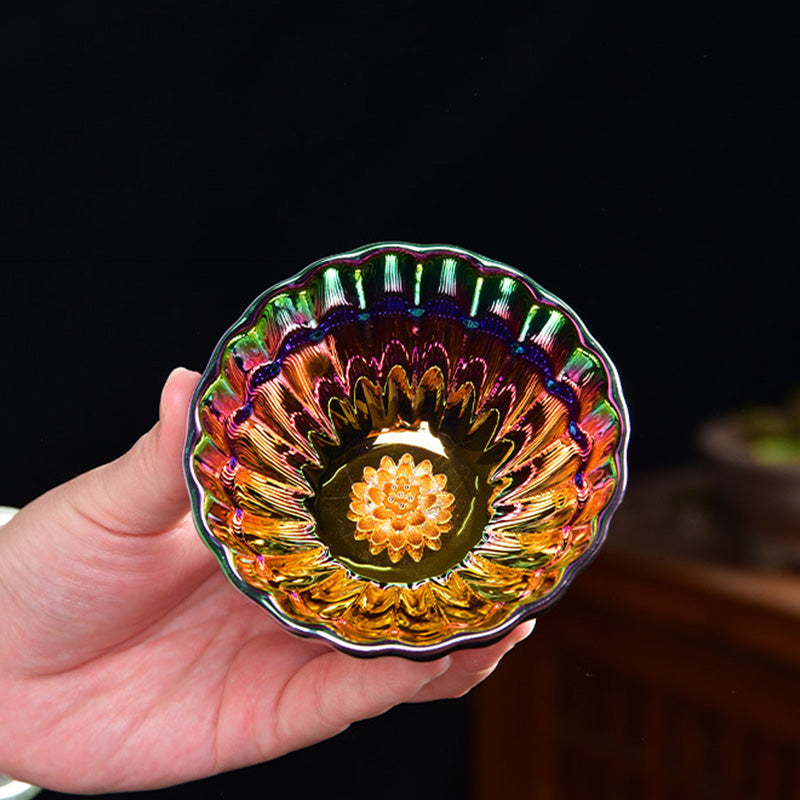 Taza de té de cerámica china Jianzhan multicolor con incrustaciones de pavo real y Buddha Stones, taza de té de kung fu