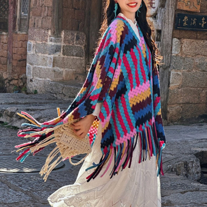 Mantón tibetano de Buddha Stones , patrón trenzado de Color caramelo, bufanda de punto con borlas de viaje acogedora para invierno - image 2