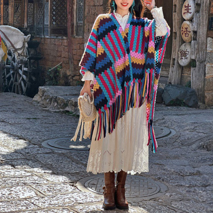 Mantón tibetano de Buddha Stones , patrón trenzado de Color caramelo, bufanda de punto con borlas de viaje acogedora para invierno - image 8