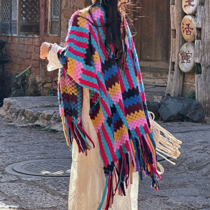 Mantón tibetano de Buddha Stones , patrón trenzado de Color caramelo, bufanda de punto con borlas de viaje acogedora para invierno - image 4