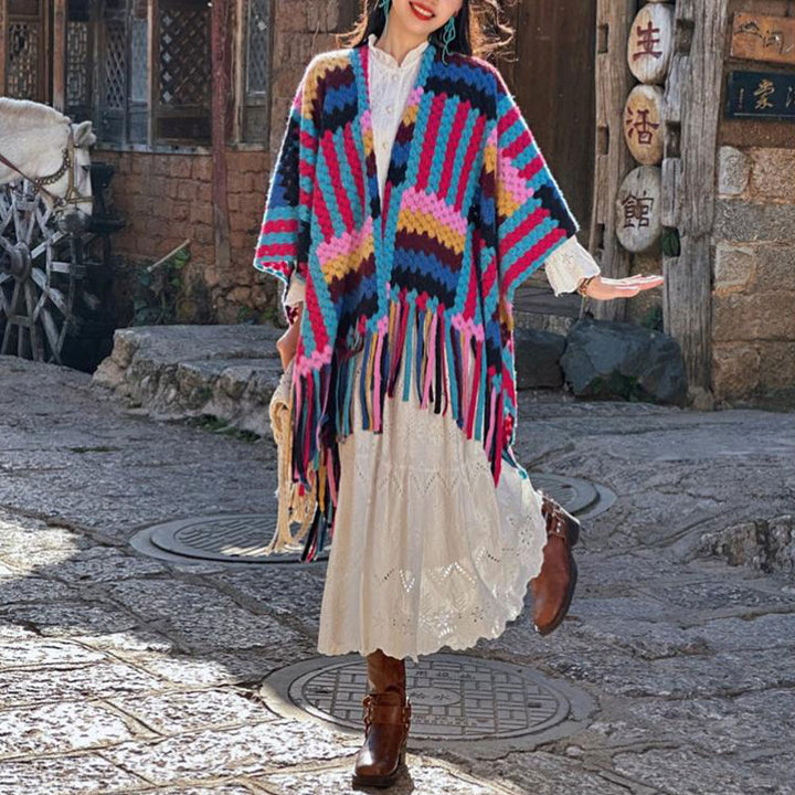 Mantón tibetano de Buddha Stones , patrón trenzado de Color caramelo, bufanda de punto con borlas de viaje acogedora para invierno - image 7