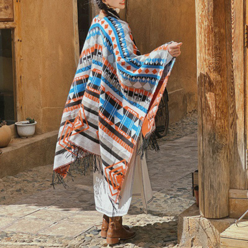 Buddha Stones chal tibetano patrón geométrico a rayas invierno acogedor viaje borla bufanda abrigo - Azul grisáceo 130*150 cm - image 0