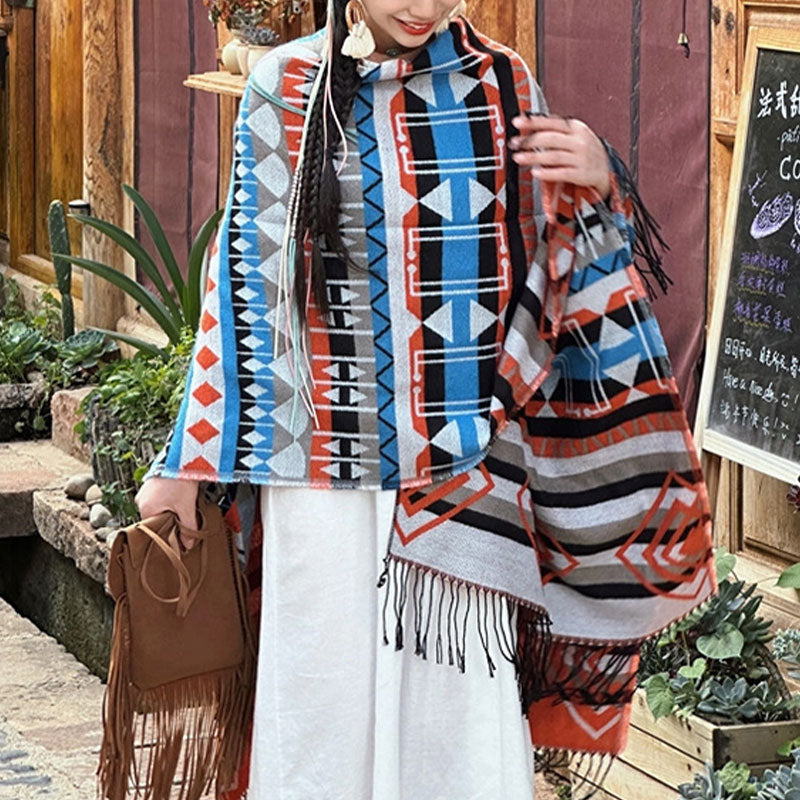 Buddha Stones chal tibetano patrón geométrico a rayas invierno acogedor viaje borla bufanda abrigo - image 4