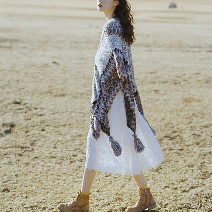 Mantón tibetano de piedras de Buddha Stones, bufanda de viaje acogedora para invierno con borlas de punto a rayas grises y marrones - image 4