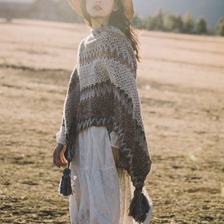 Mantón tibetano de piedras de Buddha Stones, bufanda de viaje acogedora para invierno con borlas de punto a rayas grises y marrones - image 2