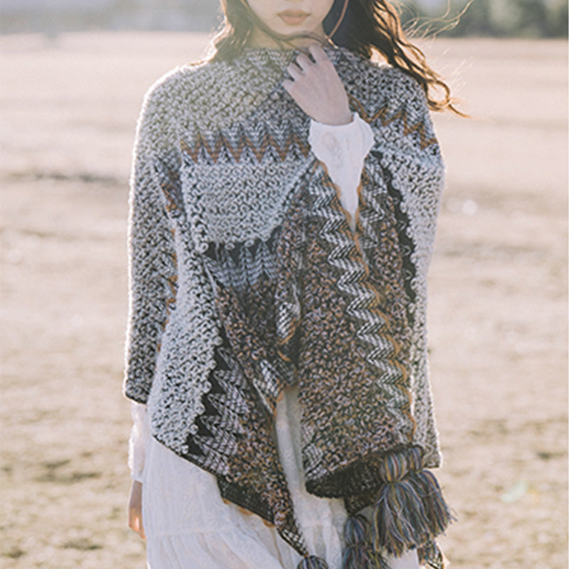 Mantón tibetano de piedras de Buddha Stones, bufanda de viaje acogedora para invierno con borlas de punto a rayas grises y marrones - image 5