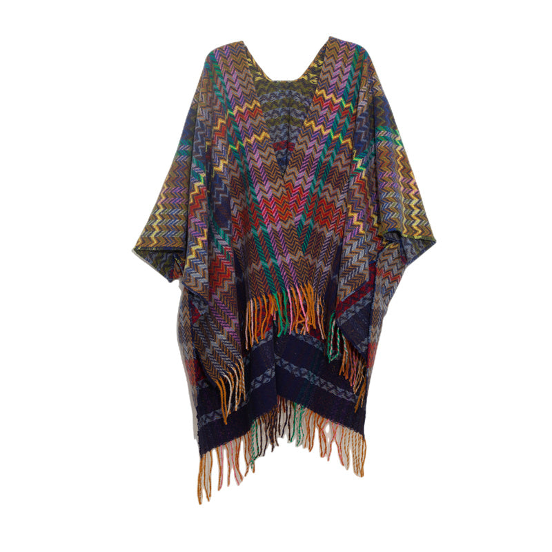 Mantón tibetano de Buddha Stones, colorida línea ondulada, borlas, bufanda de viaje acogedora para invierno - Morado, rojo y colorido, 155 x 130 cm - image 3