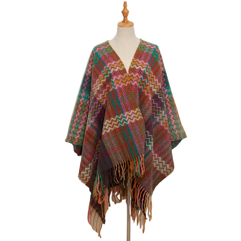 Mantón tibetano de Buddha Stones, colorida línea ondulada, borlas, bufanda de viaje acogedora para invierno - image 10