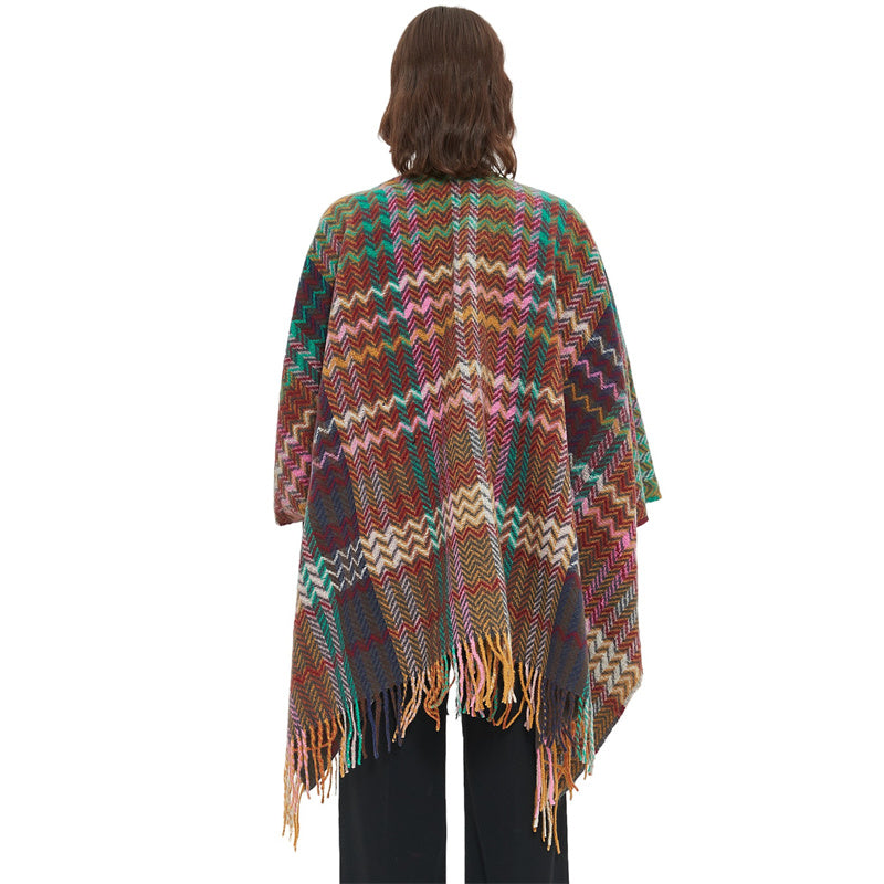 Mantón tibetano de Buddha Stones, colorida línea ondulada, borlas, bufanda de viaje acogedora para invierno - image 19