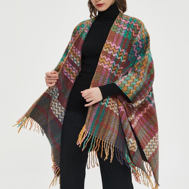 Mantón tibetano de Buddha Stones, colorida línea ondulada, borlas, bufanda de viaje acogedora para invierno - image 17