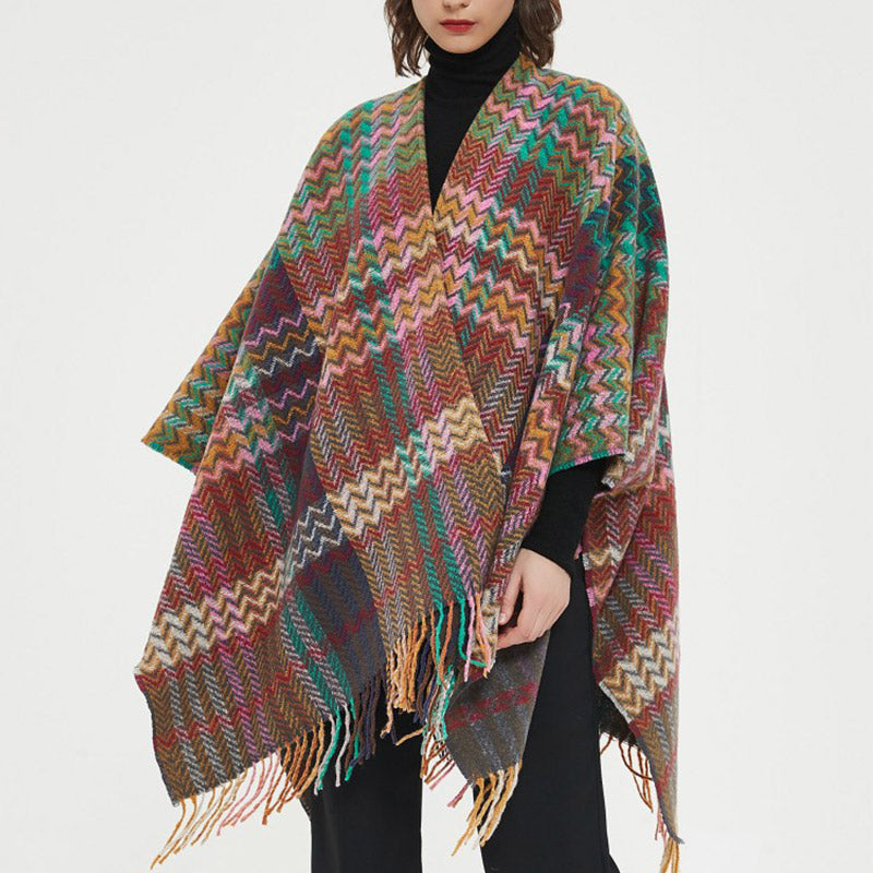 Mantón tibetano de Buddha Stones, colorida línea ondulada, borlas, bufanda de viaje acogedora para invierno - image 16
