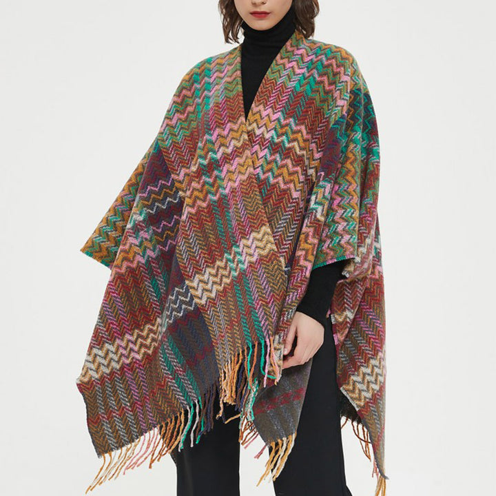 Mantón tibetano de Buddha Stones, colorida línea ondulada, borlas, bufanda de viaje acogedora para invierno - image 16