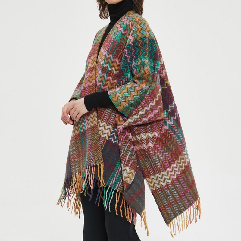 Mantón tibetano de Buddha Stones, colorida línea ondulada, borlas, bufanda de viaje acogedora para invierno - image 18