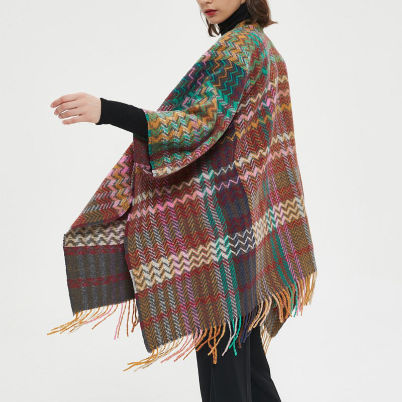 Mantón tibetano de Buddha Stones, colorida línea ondulada, borlas, bufanda de viaje acogedora para invierno - image 15