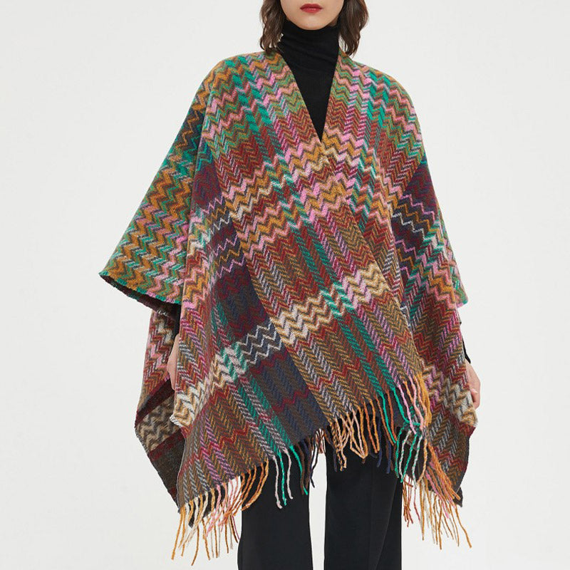 Mantón tibetano de Buddha Stones, colorida línea ondulada, borlas, bufanda de viaje acogedora para invierno - image 13